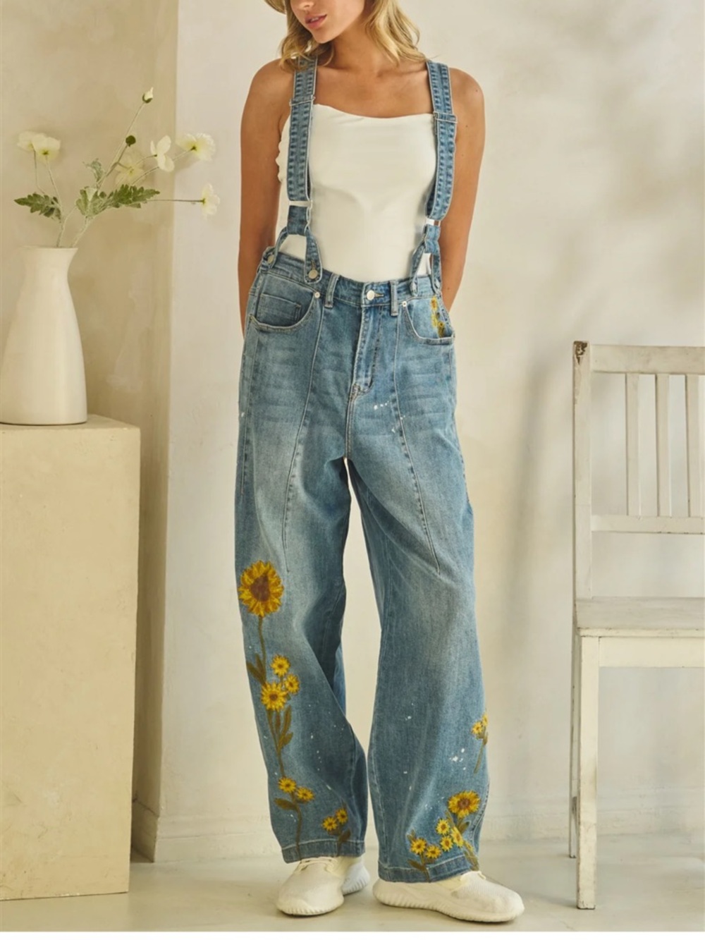 💕LAST ONE! Oli & Hali Blue Denim Overalls with Sunflower Embroidery - Picture 5 of 12